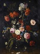 Jan Van Kessel the Younger, A still life of tulips, a crown imperial, snowdrops, lilies, irises, roses and other flowers in a glass vase with a lizard, butterflies, a dragonfly a